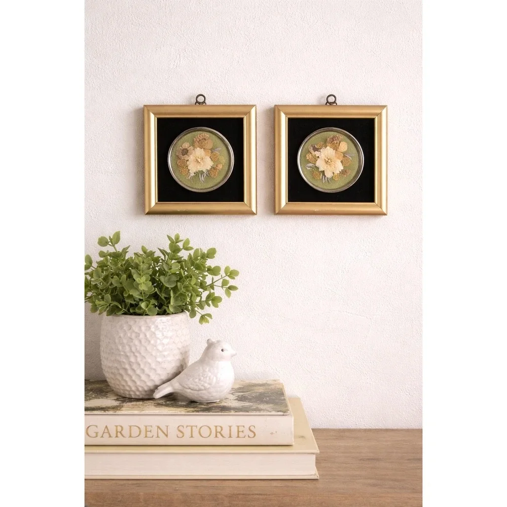 Vintage Pressed Flower Art Set Hopkins Designs Mathews VA Gold Frame...
